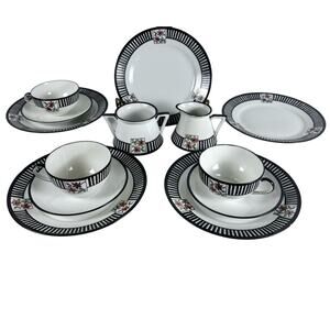 Antique 12-PC Coffee Tea Set 1923 Black/White/Stripe/Floral Inscribed Dated-Rare